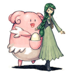 Rule 34 | 1girl, backpack, bag, blissey, boots, braid, cheryl (pokemon), creatures (company), cropped jacket, dress, egg, french braid, full body, game freak, gen 2 pokemon, green dress, green eyes, green hair, hair between eyes, hair over shoulder, long hair, long skirt, long sleeves, looking at viewer, lowres, meimaru inuchiyo, nintendo, outstretched arms, pokemon, pokemon (creature), randoseru, simple background, single braid, skirt, smile, standing, very long hair, white background