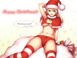 Rule 34 | 1girl, arm behind head, arm support, bikini, blonde hair, blue eyes, blush, breasts, christmas, cleavage, english text, front-tie top, gloves, hat, large breasts, long hair, navel, original, parted lips, red bikini, red gloves, sack, santa hat, shiny skin, short shorts, shorts, skindentation, solo, stomach, striped clothes, striped thighhighs, swimsuit, thighhighs, underboob, yoshikawa hazure