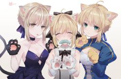 Rule 34 | 3girls, :3, ahoge, animal ears, animal hands, artoria pendragon (all), artoria pendragon (fate), black choker, black dress, black ribbon, blonde hair, blue dress, blue ribbon, breasts, brown eyes, cat day, cat ears, cat tail, choker, cleavage, closed eyes, closed mouth, commentary request, dress, fangs, fangs out, fate/grand order, fate/stay night, fate/unlimited codes, fate (series), fish, gloves, green eyes, hair ribbon, juliet sleeves, kemonomimi mode, long sleeves, looking at viewer, medium breasts, mouth hold, multiple girls, multiple persona, nigiri, paw gloves, paw pose, puffy sleeves, ribbon, saber (fate), saber alter, saber lily, simple background, sleeveless, sleeveless dress, tail, tongue, tongue out, white dress