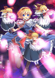 Rule 34 | 1girl, alice margatroid, apron, arms at sides, bad id, bad pixiv id, blonde hair, blue eyes, boots, bow, capelet, cross-laced footwear, doll, female focus, frills, glowing, hair bow, hairband, kimitoshiin, lace-up boots, loafers, long hair, magic circle, open mouth, outstretched arms, outstretched hand, shanghai doll, shoes, short hair, smile, solo, touhou, waist apron