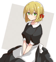 Rule 34 | 1girl, apron, blonde hair, character request, commentary request, copyright request, enkichi totan, green eyes, grey background, hair between eyes, hair ribbon, light blush, looking at viewer, maid, red ribbon, ribbon, short hair, solo, two-tone background, v arms, waist apron, white background