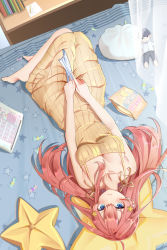 Rule 34 | &gt;:t, 1girl, :t, absurdres, ahoge, bag, barefoot, bed, blue eyes, blush, book, breasts, candy, character doll, cleavage, closed mouth, collarbone, dress, food, full body, glasses, go-toubun no hanayome, hair between eyes, hair ornament, highres, indoors, kongbai, large breasts, long hair, looking at another, looking at viewer, lying, nakano itsuki, on back, on bed, orange dress, pillow, pout, red hair, ribbed dress, sleeveless, sleeveless dress, solo, star (symbol), star hair ornament, star-shaped pillow, star print, uesugi fuutarou, v-shaped eyebrows