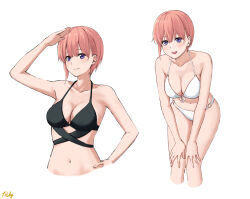 Rule 34 | 1girl, absurdres, arm up, bare arms, bare shoulders, bikini, black bikini, breasts, cleavage, closed mouth, collarbone, commentary request, cropped legs, cropped torso, front-tie bikini top, front-tie top, go-toubun no hanayome, halterneck, hand on own hip, hands on own knees, highres, large breasts, leaning forward, light blush, looking at viewer, multi-strapped bikini top, multiple views, nakano ichika, navel, o-ring, o-ring bikini, open mouth, pink hair, purple eyes, ricky (haye4843), short hair, simple background, smile, stomach, swimsuit, white background, white bikini