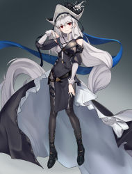 Rule 34 | 1girl, absurdly long hair, absurdres, arknights, arm up, bare shoulders, black dress, black footwear, black headwear, black pantyhose, breasts, closed mouth, clothing cutout, dress, feizao, full body, gradient background, grey background, head tilt, high heels, highres, long hair, long sleeves, looking at viewer, medium breasts, pantyhose, red eyes, shoulder cutout, silver hair, smile, solo, specter (arknights), specter the unchained (arknights), thigh strap, very long hair, waist cape