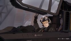 Rule 34 | absurdres, black gloves, blonde hair, closed eyes, cockpit, commentary, dated, eagle 1 (helldivers), english commentary, english text, glass cockpit, gloves, helldivers (series), helmet, highres, open cockpit, pilot helmet, pilot suit, short hair, smile, teeth, the atko, v