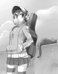 Rule 34 | 1girl, asymmetrical legwear, blowing bubbles, cat, chan co, chewing gum, cowboy shot, greyscale, guitar, guitar case, hands in pockets, hat, headphones, instrument, instrument case, jacket, monochrome, original, pleated skirt, skirt, solo, striped clothes, striped thighhighs, thighhighs, uneven legwear, zettai ryouiki