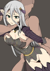 Rule 34 | 1girl, 4boys, bar censor, bottomless, grabbing another&#039;s breast, breasts, censored, character request, cleavage, clothed female nude male, copyright request, dress, faceless, faceless male, fingerless gloves, gloves, grabbing, grabbing another&#039;s chin, green eyes, grey background, grey hair, hair ornament, highres, holding another&#039;s wrist, long hair, molestation, mos yen, multiple boys, nipples, nude, pussy, simple background, star (symbol), star hair ornament