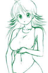 Rule 34 | 00s, 1girl, :d, ahoge, bare arms, bare shoulders, clothes lift, collarbone, green theme, hoshii miki, idolmaster, idolmaster (classic), idolmaster 1, lifted by self, long hair, looking at viewer, monochrome, navel, open mouth, rikumoto yoshiyuki, shirt lift, simple background, sketch, sleeveless, smile, solo, stomach, tank top, tareme, upper body, white background