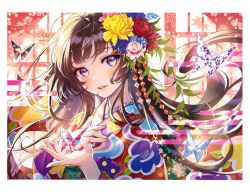 Rule 34 | 1girl, absurdres, blush, brown hair, chrysanthemum print, eyelashes, eyeshadow, fingernails, floral print, flower, hair ornament, hand on own chest, head tilt, highres, holding, japanese clothes, kimono, light smile, lips, long hair, looking at viewer, makeup, morikura en, nail polish, origami, original, parted lips, purple eyes, scan, simple background, smile, solo, upper body