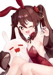 Rule 34 | ;d, animal ears, armpits, bare shoulders, black nails, blush, breasts, brown hair, closed eyes, fake animal ears, flower, genshin impact, hair flower, hair ornament, happy, highres, hu tao (genshin impact), leotard, long sleeves, looking at viewer, miyako draw, nail polish, off shoulder, one eye closed, open mouth, playboy bunny, rabbit ears, red eyes, simple background, sleeveless, small breasts, smile, strapless, strapless leotard, symbol-shaped pupils, twintails, white background, wide sleeves