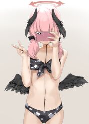 Rule 34 | 1girl, absurdres, bikini, black bikini, black wings, blue archive, cellphone, commentary request, disuto, floral print, gradient background, grey background, halo, head wings, highres, holding, holding phone, koharu (blue archive), koharu (swimsuit) (blue archive), low wings, medium hair, navel, official alternate costume, phone, print bikini, red halo, selfie, solo, swimsuit, v, wings