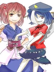 Rule 34 | 2girls, bad id, bad pixiv id, blue hair, breasts, dress, hair bobbles, hair ornament, hat, holding, layered skirt, miyako yoshika, multiple girls, no nose, ofuda, one eye covered, onozuka komachi, outstretched arms, pink eyes, pink hair, red eyes, scythe, short hair, short sleeves, simple background, skirt, star (symbol), touhou, two side up, yuichiitan, zombie pose