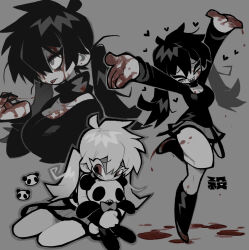 Rule 34 | &gt; &lt;, 2girls, arms up, black hair, black socks, black sweater, blood, blood on clothes, blood on face, blood on ground, blood on hands, breasts, cleavage, closed mouth, dark konoha, dual persona, genderswap, genderswap (mtf), grey background, grey skirt, highres, kagerou project, konoha (kagerou project), large breasts, long hair, long sleeves, multiple girls, neck warmer, hugging object, simple background, skirt, smile, socks, standing, standing on one leg, stuffed animal, stuffed panda, stuffed toy, sweater, tongue, tongue out, tonkatsu184, twintails, white sweater