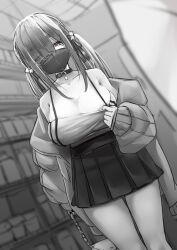 Rule 34 | 1girl, areola slip, armpit crease, bag, bbb577, breasts, cleavage, collar, collarbone, commentary, dress, dutch angle, eyes visible through hair, greyscale, hair over one eye, hair ribbon, handbag, high-waist skirt, holding, holding bag, jacket, large breasts, mask, miniskirt, monochrome, mouth mask, off-shoulder dress, off shoulder, original, pleated skirt, purple eyes, ribbon, shirt tug, sidelocks, skirt, sleeves past wrists, solo, spaghetti strap, spot color, symbol-only commentary, twintails