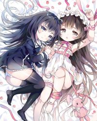 2girls :o ass barefoot black_hair blush brown_eyes brown_hair doll_joints dress hair_ribbon hairband holding_hands joints lolita_hairband multiple_girls original panties ribbon smile stuffed_animal stuffed_rabbit stuffed_toy thighhighs underwear youm