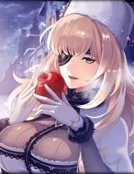 Rule 34 | 1girl, aphrodite (phantom of the kill), apple, artist request, blonde hair, breasts, city, cloud, cloudy sky, eyepatch, food, fruit, fur collar, fur hat, gloves, green eyes, hat, highres, holding, holding food, large breasts, long hair, looking at viewer, official art, open mouth, phantom of the kill, sky, smile, snow, solo, upper body, white gloves, winter clothes