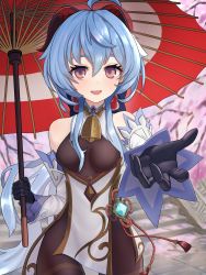 Rule 34 | 1girl, ahoge, bare shoulders, bell, black gloves, black legwear, blue hair, blush, bow, breasts, cherry blossoms, chinese knot, detached sleeves, flower knot, ganyu (genshin impact), genshin impact, gloves, gold trim, highres, holding, holding umbrella, horns, long hair, looking at viewer, low ponytail, medium breasts, neck bell, oil-paper umbrella, pelvic curtain, purple eyes, red rope, rojiurao, rope, sidelocks, smile, solo, tassel, thighlet, umbrella, vision (genshin impact), white sleeves
