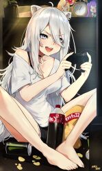 Rule 34 | 1girl, absurdres, ahoge, alarm clock, animal ears, artist name, bare legs, barefoot, black choker, black shorts, blush, breasts, character doll, chips (food), choker, clock, collarbone, commentary, controller, ear piercing, energy drink, english commentary, eyelashes, feet, food, game controller, grey eyes, grey hair, hair between eyes, hands up, highres, holding, holding controller, holding game controller, hololive, indoors, knees apart feet together, knees up, large breasts, legs, lion ears, long hair, looking to the side, minus zero69, off shoulder, official alternate costume, omaru polka, omaru polka (1st costume), on ground, open mouth, piercing, plant, playing games, potato chips, potted plant, shirt, shishiro botan, shishiro botan (casual), short shorts, short sleeves, shorts, sitting, soda bottle, solo, toenails, toes, tokoyami towa, tokoyami towa (1st costume), torn clothes, torn shorts, v-shaped eyebrows, very long hair, virtual youtuber, white shirt, wooden floor