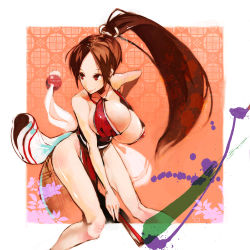 Rule 34 | 1girl, aco (koaya ako), bare shoulders, breasts, brown hair, cleavage, folded fan, covered erect nipples, hand fan, fatal fury, folding fan, hip focus, huge breasts, japanese clothes, pelvic curtain, ponytail, red eyes, revealing clothes, shiranui mai, side slit, sideboob, snk, solo, the king of fighters, wide hips