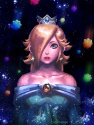 Rule 34 | 1girl, bare shoulders, bellhenge, blonde hair, blue dress, blue eyes, crown, dress, earrings, falling star, hair over one eye, highres, jewelry, lips, long hair, looking at viewer, mario (series), md5 mismatch, nintendo, nose, off-shoulder dress, off shoulder, resized, resolution mismatch, rosalina, solo, source smaller, star (symbol), starry background, super mario galaxy, upscaled