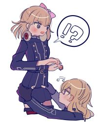 Rule 34 | !?, 2girls, belt, black gloves, blonde hair, blue belt, blue jacket, blue skirt, blush, bow, closed mouth, commentary request, fingerless gloves, gloves, hair between eyes, hair bow, hands on another&#039;s hips, headphones, headphones around neck, highres, jacket, long hair, long sleeves, looking at another, master detective archives: rain code, measuring, melami goldmine, multiple girls, musical note, open mouth, pink bow, profile, pucci lavmin, purple eyes, short hair, simple background, skirt, speech bubble, standing, surprised, white background, world detective organization uniform, yunome (lyu nomel)