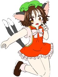 Rule 34 | 1girl, adapted costume, animal ears, arm up, blush, bow, bowtie, brown eyes, brown hair, cat ears, cat tail, chen, commentary request, dress, fang, flat chest, foot out of frame, frills, green hat, hand up, hat, mob cap, multiple tails, nekomata, open mouth, petite, petticoat, red dress, short hair, short sleeves, si geru3, simple background, slit pupils, solo, standing, standing on one leg, tail, touhou, two tails, white background, white bow, white bowtie
