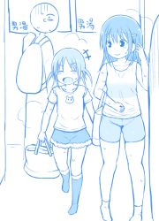 Rule 34 | +++, 2girls, :d, ^ ^, backpack, bag, blue theme, blush, breasts, closed eyes, closed mouth, collarbone, fujisaka lyric, hair ornament, hairclip, hand up, holding, holding bag, monochrome, multiple girls, open mouth, original, parted bangs, shirt, short shorts, short sleeves, shorts, skirt, small breasts, smile, socks, standing, sweat, tank top, twintails, v-shaped eyebrows, walking
