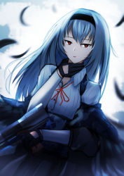 Rule 34 | 1girl, black gloves, black hairband, black skirt, blue hair, closed mouth, feathers, girls&#039; frontline, gloves, gun, hairband, hand on own neck, highres, holding, holding gun, holding weapon, lodbyy, long hair, looking at viewer, neck ribbon, red eyes, red ribbon, ribbon, shirt, simple background, skirt, solo, suspender skirt, suspenders, thunder (girls&#039; frontline), weapon, white shirt