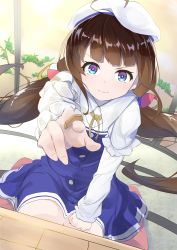 Rule 34 | ahoge, between fingers, black hair, blue eyes, blush, board game, dress, foreshortening, frown, hat, highres, hinatsuru ai, holding, layered sleeves, long hair, long sleeves, ryuuou no oshigoto!, shogi, short over long sleeves, short sleeves, sitting, sliding doors, solo, twintails, v-shaped eyebrows, very long hair, white hat