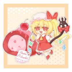 Rule 34 | 1girl, ascot, bat wings, blonde hair, cake, chibi, crystal, flandre scarlet, food, full body, hat, hat ribbon, laevatein (touhou), mob cap, multicolored wings, one side up, puffy short sleeves, puffy sleeves, red eyes, red skirt, red vest, ribbon, short sleeves, side ponytail, skirt, skirt set, solo, touhou, vest, white hat, wings, y h, yellow ascot