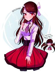 Rule 34 | 1girl, alternate costume, alternate hairstyle, black pantyhose, blunt bangs, bow, breasts, brown hair, cropped legs, danganronpa (series), danganronpa v3: killing harmony, english text, grey background, hair bow, hair ornament, hairclip, harukawa maki, highres, huyandere, long hair, long sleeves, looking at another, looking at viewer, medium breasts, mole, mole under eye, multiple views, necktie, pantyhose, prototype design, purple neckwear, red eyes, red scrunchie, red shirt, red skirt, scrunchie, shirt, short necktie, skirt, striped clothes, striped shirt, twintails, white background, white bow, white shirt