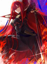 Rule 34 | 1girl, absurdres, black bodysuit, bodysuit, breasts, cape, fate/grand order, fate (series), hair over one eye, high collar, highres, holding, holding sword, holding weapon, kansya, long hair, looking at viewer, oda nobunaga (fate), oda nobunaga (maou avenger) (fate), red cape, red eyes, red hair, shaded face, simple background, skin tight, solo, straight hair, sword, very long hair, weapon, white background