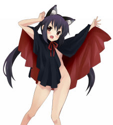 Rule 34 | 1girl, animal ears, arms up, bad id, bad pixiv id, black hair, blush, bottomless, brown eyes, cape, cat ears, cat girl, cosplay, female focus, flat chest, hazuki (tsukuyomi), hazuki (tsukuyomi) (cosplay), head tilt, k-on!, labotamochi, legs, long hair, nakano azusa, naked cape, open mouth, parody, red eyes, ribbon, solo, tsukuyomi moonphase, twintails, very long hair