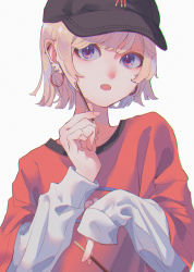 Rule 34 | 1girl, absurdres, black footwear, blonde hair, ear piercing, earrings, food, hands up, hat, highres, holding, holding food, hoop earrings, huge filesize, jewelry, layered sleeves, long sleeves, open mouth, original, piercing, pocky, pocky day, red shirt, ritao kamo, shirt, short hair, short over long sleeves, short sleeves, simple background, sleeves past wrists, solo, white background