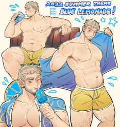 Rule 34 | 1boy, 2022, abs, armpit hair, bara, bare pectorals, beard, blonde hair, blue shirt, bulge, cup, disposable cup, drawstring, drinking, drinking glass, drinking straw, earrings, facial hair, food, highres, holding, holding cup, holding food, holding towel, jewelry, large pectorals, leg hair, male focus, male swimwear, multiple views, muscular, muscular male, navel, nipples, open clothes, open shirt, original, pectorals, popsicle, print shirt, shirt, short hair, short sleeves, sitting, solo, swim trunks, swimsuit, thick thighs, thighs, tiowinwin, tongue, tongue out, topless male, towel, white hair, yellow male swimwear, yellow swim trunks
