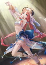 Rule 34 | 1girl, absurdres, aqua eyes, arms up, blue bow, blue gemstone, blue skirt, blurry, blurry background, bow, breasts, brooch, circlet, dancer, dancing, dutch angle, floating hair, gem, genshin impact, gladiator sandals, gold footwear, gold trim, harem outfit, highres, horns, jewelry, leg up, legs, long hair, long sleeves, looking at viewer, medium breasts, navel, nilou (genshin impact), nonon 813, outstretched arms, parted bangs, parted lips, puffy long sleeves, puffy sleeves, red hair, sandals, skirt, solo, standing, standing on one leg, stomach, thighlet, thighs, twintails, veil, very long hair, white headwear