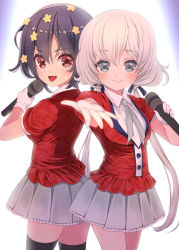 Rule 34 | 2girls, :d, black hair, black legwear, blue ribbon, breasts, brown eyes, closed mouth, collared shirt, commentary request, frilled skirt, frills, gloves, grey eyes, grey neckwear, grey skirt, hair between eyes, hair ribbon, highres, holding, holding microphone, jacket, konno junko, long hair, looking at viewer, low twintails, medium breasts, microphone, mizuno ai, multiple girls, open mouth, outstretched arm, pleated skirt, puffy short sleeves, puffy sleeves, red jacket, ribbon, shirt, short sleeves, silver hair, skirt, smile, suzune rai, thighhighs, twintails, very long hair, white gloves, white shirt, zombie land saga
