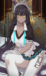 Rule 34 | 1girl, apron, bad id, bad pixiv id, black hair, blonde hair, blue archive, blush, breasts, cleavage, closed mouth, dark-skinned female, dark skin, gaitoou, gloves, halo, highres, karin (blue archive), karin (bunny) (blue archive), large breasts, looking at viewer, maid headdress, pantyhose, short sleeves, sitting, solo, thighs, white apron, white gloves, white headwear, white pantyhose