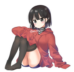 Rule 34 | 1girl, absurdres, aro 1801, ass, black eyes, black thighhighs, blue shorts, blush, commentary request, copyright request, feet, frown, highres, hood, hoodie, looking at viewer, mole, mole under eye, no shoes, red hoodie, shirt, short hair, shorts, simple background, sitting, sleeves past fingers, sleeves past wrists, solo, striped clothes, striped shirt, thighhighs, white background