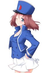 Rule 34 | 1girl, ;), azumi (girls und panzer), bc freedom military uniform, blue eyes, blue hat, blue jacket, blue vest, blush, brown hair, closed mouth, commentary, cowboy shot, dated, emblem, girls und panzer, hand on own hip, hat, highres, jacket, kepi, kuzuryuu kennosuke, light blush, long sleeves, looking at viewer, military, military hat, military uniform, miniskirt, no shirt, one-hour drawing challenge, one eye closed, pleated skirt, school connection, short hair, simple background, skirt, smile, solo, standing, twitter username, uniform, vest, white background, white skirt, wind