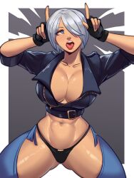 Rule 34 | 1girl, abs, absurdres, angel (kof), backless pants, blue eyes, bra, breasts, chaps, cleavage, crop top, cropped jacket, dark-skinned female, dark skin, fingerless gloves, gloves, hair over one eye, highres, horns pose, index fingers raised, jacket, large breasts, leather, leather jacket, looking at viewer, midriff, muscular, muscular female, navel, open mouth, panties, pants, short hair, skullworms, snk, solo, strapless, strapless bra, the king of fighters, the king of fighters xiv, toned, tongue, tongue out, underwear, white hair