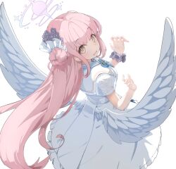 Rule 34 | 1girl, angel wings, black scrunchie, blue archive, dress, from behind, hair bun, hair ornament, halo, highres, hoshi umi, long hair, looking at viewer, low wings, mika (blue archive), pink hair, scrunchie, simple background, single hair bun, solo, white background, white dress, white wings, wings, wrist scrunchie