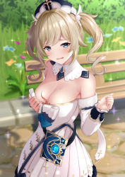 Rule 34 | 1girl, animal, animal between breasts, animal in clothes, barbara (genshin impact), bare shoulders, belt, between breasts, blonde hair, blue eyes, blush, breasts, cleavage, cross, detached collar, dress, drill hair, genshin impact, highres, large breasts, latin cross, lizard, long hair, looking at viewer, monaka curl, open mouth, priestess, sparkle, standing, twin drills, twintails, white dress, white headwear, white sleeves