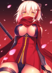 Rule 34 | 1girl, ahoge, arm guards, black bow, bow, breasts, cleavage, cleavage cutout, clothing cutout, dark-skinned female, dark skin, detached sleeves, dress, fate/grand order, fate (series), hair between eyes, hair bow, highres, hip focus, holding, holding sword, holding weapon, katana, koha-ace, kouzuki tsubasa (musou kaidou), large breasts, looking at viewer, okita souji (fate), okita souji alter (fate), okita souji alter (first ascension) (fate), petals, red dress, red scarf, scarf, scarf over mouth, short hair, solo, sword, tassel, thigh strap, thighs, weapon, white hair, yellow eyes