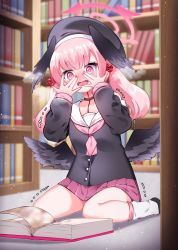 Rule 34 | 1girl, beret, black hat, black wings, blue archive, blurry, blurry background, blush, book, bookshelf, commentary request, depth of field, embarrassed, feathered wings, flat chest, halo, hands up, hat, head wings, highres, ine (ineinnen), koharu (blue archive), library, loafers, long hair, loose socks, low wings, neckerchief, open mouth, peeking through fingers, pink eyes, pink hair, pink neckerchief, pleated skirt, pornography, sailor collar, school uniform, serafuku, shoes, sitting, skirt, sleeves past wrists, socks, solo, trembling, twintails, wariza, wings