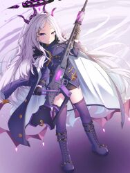 Rule 34 | 1girl, absurdres, ahoge, belt, black gloves, blue archive, boots, commentary request, demon girl, demon horns, demon wings, forehead, full body, gloves, gun, hair ornament, hairclip, halo, highres, hina (blue archive), holding, holding gun, holding weapon, horns, knee boots, long hair, long sleeves, looking at viewer, machine gun, mg42, military, military uniform, parted bangs, parted lips, pencil skirt, ponytail, purple eyes, purple thighhighs, shoulder belt, side slit, sidelocks, skirt, solo, standing, thighhighs, uniform, weapon, white hair, wings, wjddn, zettai ryouiki