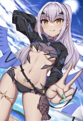 Rule 34 | 1girl, absurdres, arm behind head, arm up, beach, bikini, black bikini, black jacket, blue sky, blush, breasts, cropped jacket, dragon wings, fate/grand order, fate (series), forked eyebrows, high ponytail, highres, jacket, licking lips, long hair, long sleeves, looking at viewer, melusine (fate), melusine (swimsuit ruler) (fate), melusine (swimsuit ruler) (first ascension) (fate), navel, pubic tattoo, shore, shrug (clothing), sidelocks, sky, small breasts, smile, solo, swimsuit, tail, tattoo, thighlet, thighs, tongue, tongue out, toukan, v, white hair, wings, yellow eyes