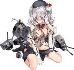Rule 34 | 10s, 1girl, blush, breasts, female focus, kantai collection, kashima (kancolle), large breasts, long hair, lowres, machinery, military, military uniform, miniskirt, official art, open mouth, parsley-f, pleated skirt, skirt, solo, torn clothes, transparent background, twintails, uniform