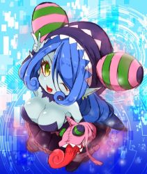 Rule 34 | 1girl, appmon, artist request, bandai, blue hair, breasts, cleavage, demon girl, digimon, digimon universe: appli monsters, female focus, happy, large breasts, long hair, looking at viewer, mienumon, monster girl, one eye closed, pointy ears, salute, shiny skin, smile, solo, v, wink, yellow eyes