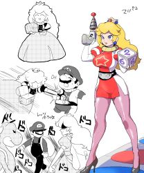 Rule 34 | 1boy, 1girl, ^ ^, alternate costume, backpack, bag, block (object), blonde hair, blue eyes, blush, breasts, closed eyes, crown, cube, dress, drooling, earrings, elbow gloves, energy gun, facial hair, finger on trigger, gloves, hat, high heels, holding, jewelry, large breasts, legs, long hair, long sleeves, mario, mario (series), mario party, mario party 2, mini crown, motion lines, multiple views, mushroom, mustache, nintendo, nm qi, no eyes, overalls, pantyhose, parted lips, partially colored, pink lips, pink pantyhose, pointing, princess peach, puffy short sleeves, puffy sleeves, ray gun, short sleeves, side slit, simple background, smile, standing, star (symbol), star print, translated, treasure chest, weapon, white background, white gloves, yoshi